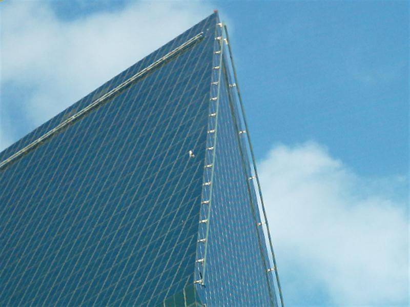 In this image, the small white object near the leading edge of the building is an adult Red-tailed Hawk perched on a metal structure used to secure window washing platforms.