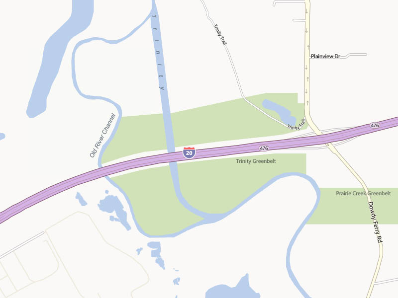 The intersection of I-20 and the Trinity River.  Notice the Old River Channel and park land labeled "Trinity Greenbelt."