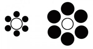 Which white circle is has the greater diameter?