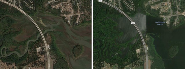 Mud flats surround Hickory Creek after Lewisville Lake receded at the height of the drought (left).  Lake levels 7+ above normal after the spring rains (right).