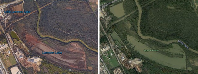 Bone dry Lemmon Lake in 2014 (left).  Joppa under water in 2015 (right).