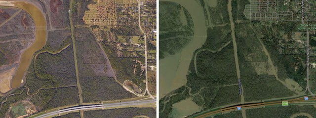 The Southern Gateway Park and surrounding area without water in 2014 (left).  The same location after the coming of the floods (right).